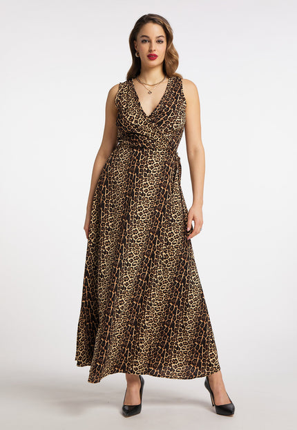 faina Damen Maxi Kleid mit Leopardenmuster