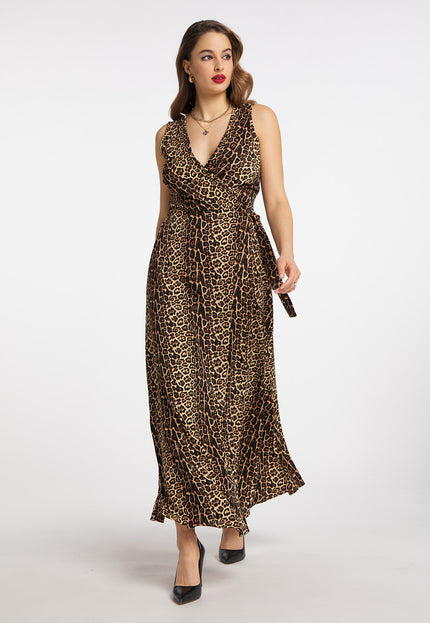 faina Damen Maxi Kleid mit Leopardenmuster