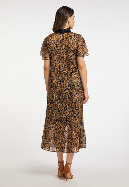 faina Damen Midi Kleid mit Leopardenmuster