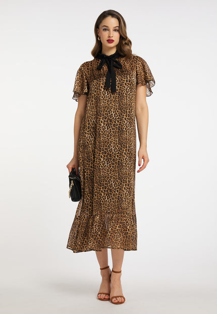 faina Damen Midi Kleid mit Leopardenmuster