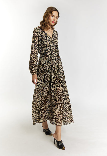 faina Damen Maxi Kleid mit Leopardenmuster